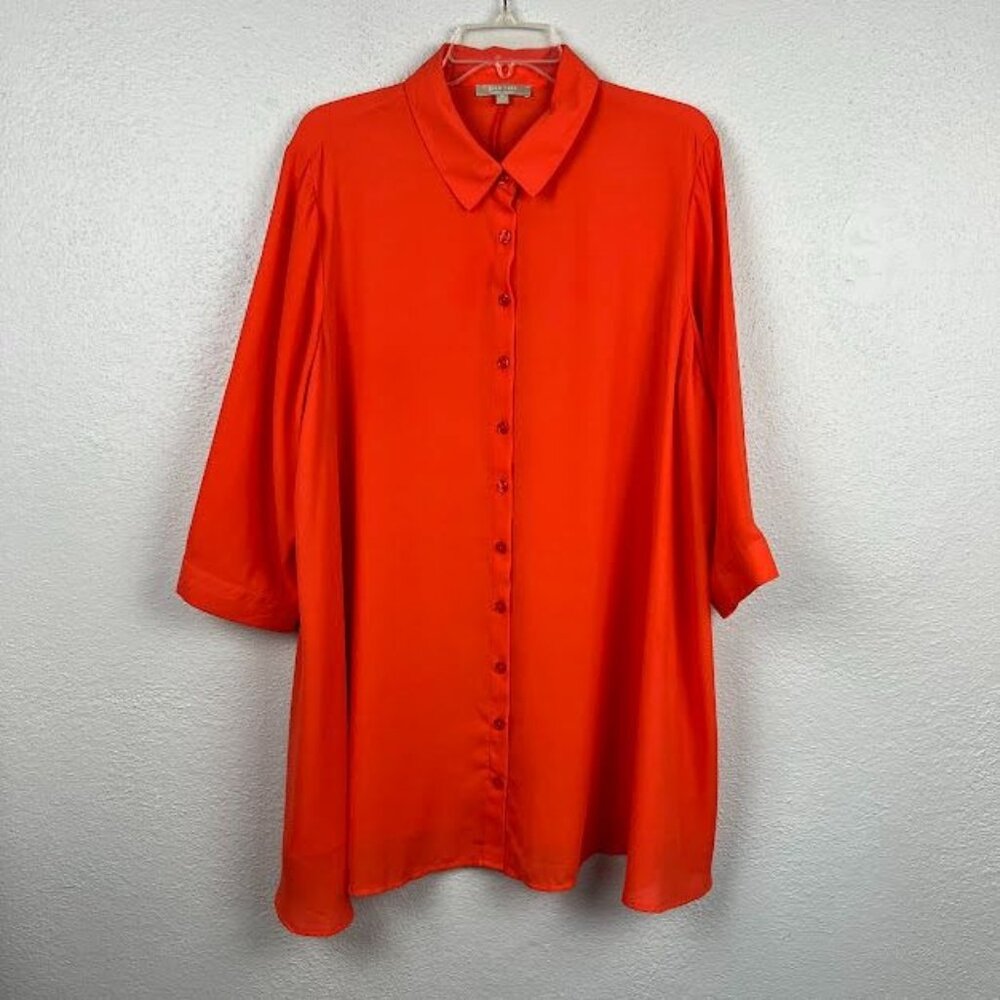 Joan Vass Women's Orange Semi Sheer 3/4 Sleeve Button Up Shirt - Size 1X